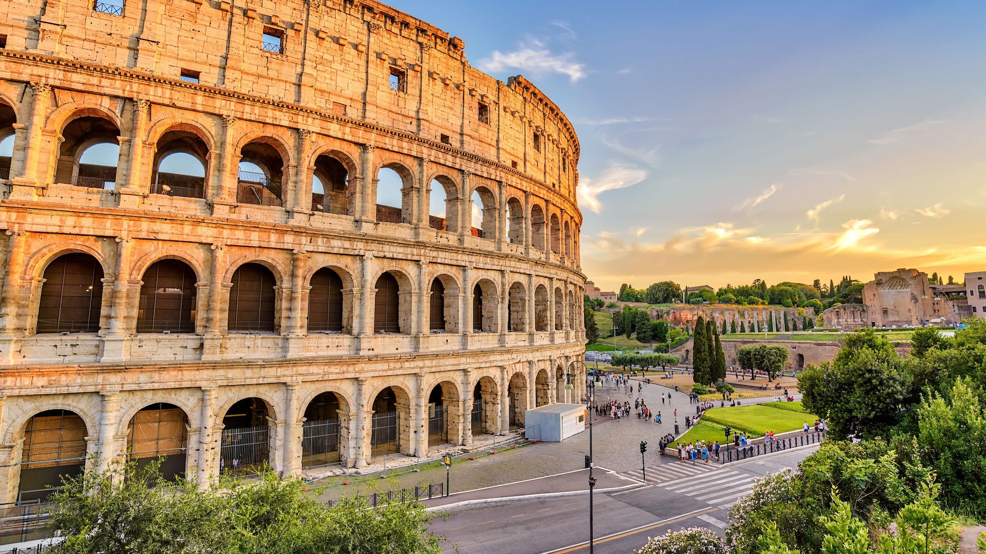 Rome sunset city skyline at Rome Colosseum (Roma Coliseum), Rome, Italy